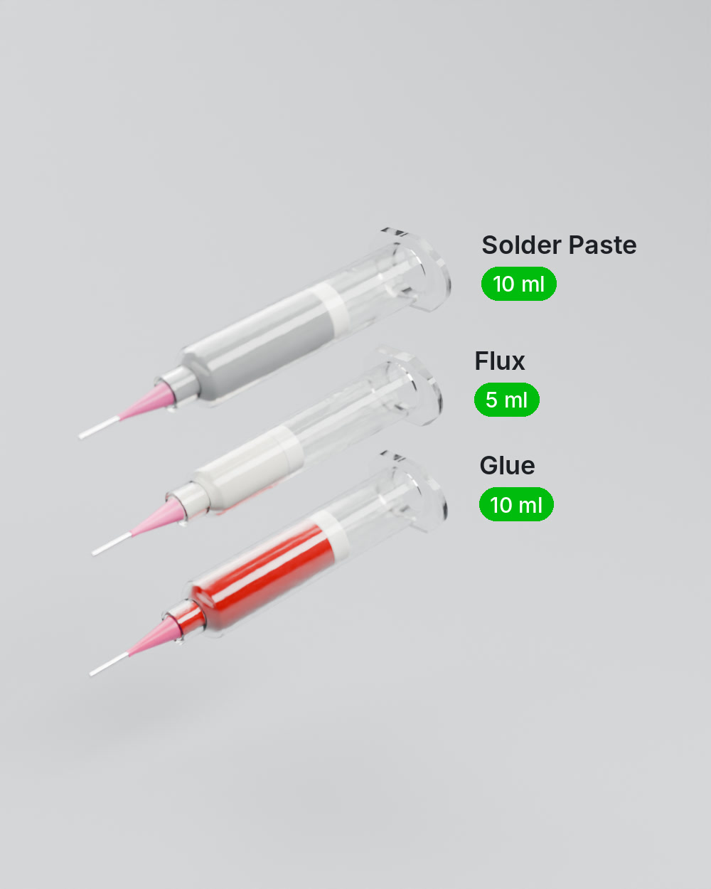 Cartridges for solder paste (10 ml), flux (5 ml) and glue (10 ml)